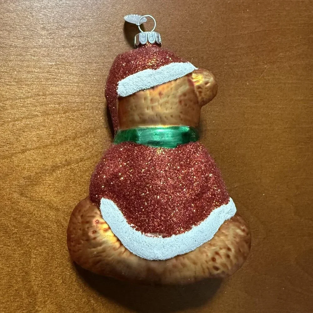 Christopher Radko Teddy Bear Christmas Ornament‎ Retro Glass Red Green Glitter